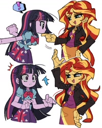 Size: 1560x1960 | Tagged: safe, artist:jwnn_, imported from derpibooru, sunset shimmer, twilight sparkle, equestria girls, backpack, breasts, clothes, duo, duo female, exclamation point, eyeshadow, female, gritted teeth, jacket, leather, leather jacket, makeup, my little pony equestria girls, open mouth, scene interpretation, shirt, simple background, skirt, t-shirt, teeth, white background