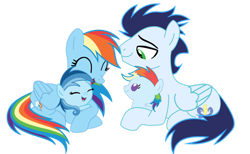 Size: 1280x786 | Tagged: safe, artist:soarindasher10, imported from derpibooru, rainbow dash, soarin', oc, oc:ragtag, oc:shooting star, pegasus, pony, baby, baby pony, female, filly, foal, male, mare, shipping, siblings, simple background, soarindash, stallion, straight, transparent background, twins