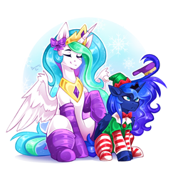 Size: 2536x2468 | Tagged: safe, artist:buvanybu, imported from derpibooru, princess celestia, princess luna, alicorn, pony, bow, bowtie, clothes, crown, duo, duo female, eyes closed, female, folded wings, horn, jewelry, mare, partially open wings, peytral, raised hoof, regalia, royal sisters, siblings, sisters, sitting, smiling, socks, striped socks, wings