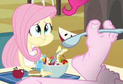 Size: 1050x720 | Tagged: safe, edit, edited screencap, imported from derpibooru, screencap, fluttershy, pinkie pie, equestria girls, cafeteria, eating, feet, fetish, food, foot fetish, foot focus, playing with food