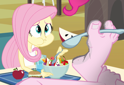 Size: 1050x720 | Tagged: safe, edit, edited screencap, imported from derpibooru, screencap, fluttershy, pinkie pie, equestria girls, barefoot, cafeteria, dirt, dirty, dirty feet, eating, feet, fetish, food, foot fetish, foot focus, playing with food