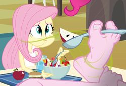 Size: 1050x720 | Tagged: safe, edit, edited screencap, imported from derpibooru, screencap, fluttershy, pinkie pie, equestria girls, cafeteria, eating, feet, fetish, food, foot fetish, foot focus, playing with food, stink lines