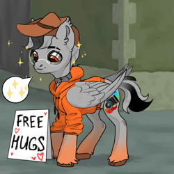 Size: 1024x1024 | Tagged: safe, artist:princess ice color twinkle, imported from derpibooru, oc, oc only, pegasus, background, brown hat, chat bubble, folded wings, gray mane, gray skin, gray tail, jewelry, looking down, necklace, orange eyes, orange hooves, pegasus oc, smiling, sparkles, stallion oc, tail, two toned mane, two toned tail, wings