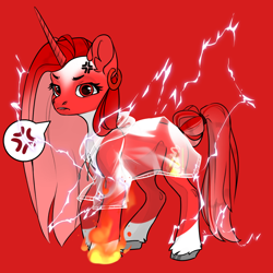 Size: 1024x1024 | Tagged: safe, artist:princess ice color twinkle, imported from derpibooru, oc, oc only, unicorn, angry, chat bubble, eyelashes, horn, lightning, lips, long mane, long tail, mare oc, red background, red eyes, red mane, red tail, simple background, sulking, tail, white hooves