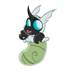 Size: 2048x2048 | Tagged: safe, artist:cupute, imported from derpibooru, oc, oc:royce winters, changeling, pony, :p, baby, baby changeling, big ears, black coat, black mane, blue eyes, changeling egg, cheap, chibi, christmas, christmas stocking, commission, fangs, holiday, hoof hold, horn, looking at you, png, simple background, solo, teeth, tongue out, transparent background, ych result