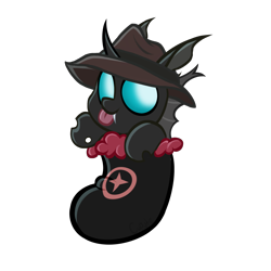 Size: 2048x2048 | Tagged: safe, artist:cupute, imported from derpibooru, oc, oc only, oc:hokt, changeling, pony, equestria at war mod, :p, big ears, black coat, black mane, blue eyes, brown hat, changeling egg, cheap, chibi, christmas, christmas stocking, clothes, commission, fangs, greneclyf, hat, holiday, hoof hold, horn, looking at you, png, simple background, solo, teeth, tongue out, transparent background, ych result