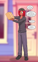 Size: 1250x2000 | Tagged: safe, artist:runningtoaster, imported from derpibooru, oc, oc only, human, equestria girls, holding, male, package, solo, speech bubble, transformation, transformation sequence, transgender transformation