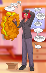 Size: 1250x2000 | Tagged: safe, artist:runningtoaster, imported from derpibooru, adagio dazzle, oc, oc only, human, equestria girls, holding, male, package, solo, speech bubble, transformation, transformation sequence, transgender transformation, wig