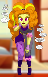 Size: 1250x2000 | Tagged: safe, artist:runningtoaster, imported from derpibooru, adagio dazzle, oc, human, equestria girls, clothes, female, leaning forward, male, solo, speech bubble, transformation, transformation sequence, transforming clothes, transgender transformation