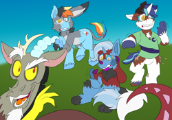 Size: 1500x1050 | Tagged: safe, artist:detectivecoon, imported from derpibooru, discord, rainbow dash, shining armor, trixie, dinosaur, donkey, draconequus, pony, unicorn, furry, furry to pony, horn, hypno eyes, hypnosis, kaa eyes, transformation, trio, unshorn fetlocks