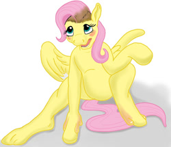 Size: 1080x927 | Tagged: safe, artist:termyotter, imported from derpibooru, fluttershy, human, pegasus, pony, blushing, human to pony, open mouth, simple background, sitting, solo, transformation, white background