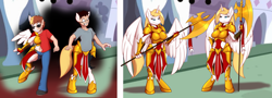 Size: 5000x1800 | Tagged: safe, artist:tomek1000, imported from derpibooru, oc, oc only, oc:angel steel, alicorn, anthro, human, unguligrade anthro, armor, axe, bored, duo, fantasy class, female, high res, human to anthro, knight, male, male to female, multeity, paladin, reality shift, rule 63, transformation, transgender transformation, twinning, warrior, weapon