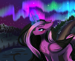 Size: 4982x4094 | Tagged: safe, artist:2pandita, imported from derpibooru, oc, oc only, alicorn, pony, alicorn oc, aurora borealis, horn, solo, wings