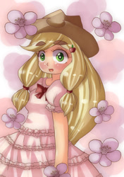 Size: 756x1075 | Tagged: safe, artist:araiiara123, imported from derpibooru, applejack, equestria girls, applejack's hat, clothes, cowboy hat, dress, flower, hat