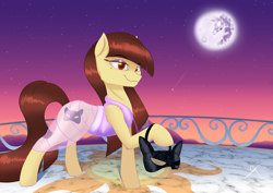 Size: 7016x4961 | Tagged: safe, artist:bluishdraft, imported from derpibooru, oc, oc only, oc:catra, earth pony, pony, canterlot, clothes, dress, female, gala dress, mare, mask, moon, solo