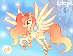 Size: 1280x981 | Tagged: safe, artist:vi45, imported from derpibooru, oc, oc only, alicorn, pony, adoptable, alicorn oc, colored pupils, concave belly, ethereal mane, eyelashes, female, female oc, flying, gradient background, gradient mane, gradient tail, hoof shoes, horn, jewelry, long horn, long mane, long tail, mare, mare oc, orange eyes, orange mane, orange tail, peytral, princess shoes, profile, raised hooves, red pupils, slender, smiling, solo, spread wings, starry mane, starry tail, tail, thin, tiara, unicorn horn, wavy mane, wavy tail, wings, yellow coat, zoom layer