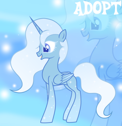 Size: 1280x1315 | Tagged: safe, artist:vi45, imported from derpibooru, oc, oc only, alicorn, pony, adoptable, alicorn oc, blank flank, blue coat, blue eyelashes, blue eyes, blue pupils, blue wingtips, colored eyelashes, colored pupils, colored wings, concave belly, ethereal mane, female, female oc, folded wings, gradient background, gradient eyes, gradient legs, gradient wings, gradient wingtips, horn, light blue mane, light blue tail, long horn, mare, mare oc, open mouth, open smile, profile, slender, smiling, solo, sparkles, sparkly coat, sparkly legs, sparkly mane, sparkly tail, standing, starry coat, starry legs, starry mane, starry tail, tail, thin, two toned wings, unicorn horn, wavy mane, wavy tail, wings, zoom layer