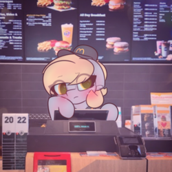 Size: 2664x2664 | Tagged: safe, artist:sodapop sprays, imported from derpibooru, part of a set, derpy hooves, pegasus, pony, series:derpy can't catch a break, blushing, eye clipping through hair, hat, mcdonald's, solo