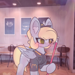 Size: 2664x2664 | Tagged: safe, artist:sodapop sprays, imported from derpibooru, part of a set, derpy hooves, pegasus, pony, series:derpy can't catch a break, :c, >:c, blushing, broom, eye clipping through hair, frown, hat, mcdonald's, solo