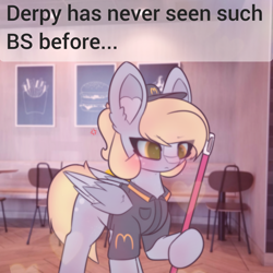 Size: 2664x2664 | Tagged: safe, artist:sodapop sprays, imported from derpibooru, part of a set, derpy hooves, pegasus, pony, series:derpy can't catch a break, blushing, broom, clothes, eye clipping through hair, hat, mcdonald's, solo, text