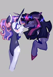 Size: 1431x2048 | Tagged: safe, artist:whimday, imported from derpibooru, rarity, twilight sparkle, alicorn, pony, unicorn, alternate hairstyle, beard, blushing, boop, duo, duo female, facial hair, female, gray background, horn, lesbian, mare, markings, noseboop, open mouth, rarilight, redesign, shipping, simple background, twilight sparkle (alicorn), unshorn fetlocks