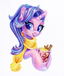 Size: 1252x1500 | Tagged: safe, artist:maytee, imported from derpibooru, starlight glimmer, pony, unicorn, alcohol, bust, clothes, colored pupils, drink, glühend wein, horn, mulled wine, portrait, scarf, smiling, solo