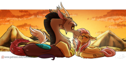 Size: 2600x1312 | Tagged: safe, artist:inuhoshi-to-darkpen, imported from derpibooru, discord, fluttershy, draconequus, pegasus, pony, blushing, cute, discoshy, eyes closed, female, lying down, male, mare, nuzzling, prone, scenery, shipping, shyabetes, signature, straight, sunset