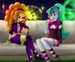 Size: 1024x848 | Tagged: safe, artist:kuya64, imported from derpibooru, adagio dazzle, sonata dusk, human, equestria girls, boob window, bracelet, breasts, cleavage, clothes, couch, duo, duo female, female, gem, jacket, jewelry, leather, leather jacket, legs, my little pony equestria girls: better together, siren gem, smiling, spiked headband, spiked wristband, taco dress, wristband