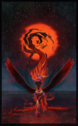 Size: 1200x1948 | Tagged: safe, artist:cosmicunicorn, imported from derpibooru, nightmare star, princess celestia, alicorn, pony, female, lava, mare, raised hoof, red sun, solo, spread wings, stars, sun, wings