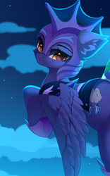 Size: 2690x4320 | Tagged: safe, alternate version, artist:airiniblock, imported from derpibooru, oc, oc only, oc:lishka, pegasus, pony, advertisement, armor, commission, cropped, cropped porn, fangs, female, flying, looking at you, mare, night guard, patreon, patreon preview, pegasus oc, smiling, solo, wings