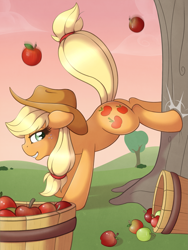 Size: 2121x2828 | Tagged: safe, artist:ratofdrawn, imported from derpibooru, applejack, earth pony, pony, apple, apple/apples falling, babscon, babscon 2014, basket, bucking, female, food, hat, heart, heart eyes, mare, solo, tree, wingding eyes