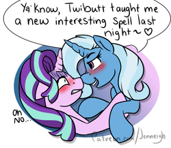 Size: 2631x2280 | Tagged: safe, artist:jen-neigh, imported from derpibooru, starlight glimmer, trixie, pony, unicorn, bedroom eyes, blushing, dialogue, duo, female, floppy ears, heart, horn, lesbian, looking at each other, looking at someone, mare, shipping, shrunken pupils, smiling, startrix, this will end in snu snu and/or tears