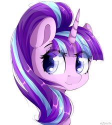 Size: 1300x1450 | Tagged: safe, artist:mitralexa, imported from derpibooru, starlight glimmer, pony, unicorn, bust, cute, eye clipping through hair, eyebrows, eyebrows visible through hair, female, glimmerbetes, horn, mare, portrait, s5 starlight, simple background, smiling, solo, white background