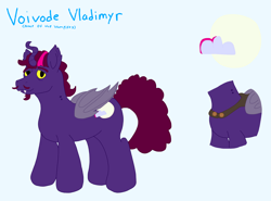 Size: 6200x4600 | Tagged: safe, artist:batpony, imported from derpibooru, oc, oc only, alicorn, bat pony, bat pony alicorn, horse, pony, undead, vampire, vampire bat pony, vampony, bat pony alicorn oc, bat pony oc, bat wings, cloak, clothes, curly mane, curly tail, curved horn, cutie mark, facial hair, fangs, horn, magenta mane, magenta tail, mane, membranous wings, pink mane, pink tail, purple fur, reference sheet, royalty, simple background, solo, tail, wings