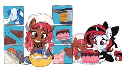 Size: 1618x900 | Tagged: safe, artist:fanzeem, imported from derpibooru, oc, oc only, oc:lilith, pony, unicorn, apron, baking, batter, beater, bow, bowl, cake, cheesecake, chef's hat, chocolate, clothes, collar, eyes closed, female, flour, food, hair bow, hat, horn, ingredients, mare, milk, mouth hold, oven, oven mitts, plate, sieve, smelling, smiling, strawberry, unicorn oc