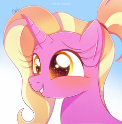 Size: 1024x1040 | Tagged: safe, artist:nnaly, imported from derpibooru, luster dawn, pony, unicorn, blushing, bust, cute, female, horn, lusterbetes, mare, portrait, signature, smiling, solo, sparkles, sparkly eyes, wingding eyes