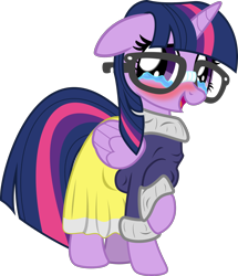 Size: 2000x2327 | Tagged: safe, artist:eagle1division, imported from derpibooru, twilight sparkle, alicorn, pony, adorkable, blushing, broken glasses, clothes, crying, cute, daaaaaaaaaaaw, dork, female, floppy ears, glasses, looking at you, mare, meganekko, open mouth, raised hoof, skirt, smiling, sweater, tears of joy, turtleneck, twiabetes, twilight glasses, twilight sparkle (alicorn)