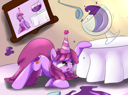 Size: 2500x1866 | Tagged: safe, artist:madacon, artist:underpable, imported from derpibooru, berry punch, berryshine, earth pony, pony, drink, drunk, female, hat, party hat, punch (drink), punch bowl, solo, spill