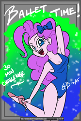 Size: 2000x3000 | Tagged: safe, artist:burning-heart-brony, imported from derpibooru, pinkie pie, human, equestria girls, 30 minute art challenge, :d, arm behind head, armpits, ballerina, ballet, ballet slippers, belly, belly button, bow, breasts, cleavage, clothes, collarbone, female, hair bow, happy, jumping, leotard, looking at you, open mouth, open smile, skinny, smiling, solo, thin