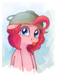 Size: 1447x1891 | Tagged: safe, artist:ketticat55, imported from derpibooru, pinkie pie, earth pony, pony, :p, bust, cup, cute, diapinkes, female, floppy ears, hat, looking at you, mare, solo, teacup, tongue out