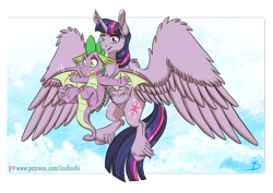 Size: 1800x1275 | Tagged: safe, artist:inuhoshi-to-darkpen, imported from derpibooru, spike, twilight sparkle, alicorn, dragon, pony, molt down, :p, butt, cheek fluff, chest fluff, cloud, cute, duo, ear fluff, feathered fetlocks, female, flying, large wings, male, mama twilight, mare, my little pony, patreon, patreon logo, silly, simple background, sky, spread wings, teaching, tongue out, transparent background, twilight sparkle (alicorn), unshorn fetlocks, winged spike, wings