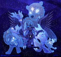 Size: 2400x2254 | Tagged: safe, artist:inuhoshi-to-darkpen, imported from derpibooru, princess luna, alicorn, bear, big cat, fish, goat, lion, pony, ursa, ursa minor, animal, capricorn, claws, constellation, constellation beast, crown, cygnus, ethereal mane, female, galaxy mane, group, incorporeal, jewelry, large wings, leo, mare, night, patreon, patreon logo, pisces, regalia, smiling, spread wings, starry background, stars, unshorn fetlocks, wing claws, wings