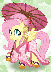 Size: 1748x2480 | Tagged: safe, artist:bonniepink, imported from derpibooru, fluttershy, pegasus, pony, alternate hairstyle, clothes, cute, female, geta, kimono (clothing), mare, sandals, shoes, shyabetes, solo, tsumami kanzashi, umbrella, wagasa