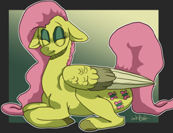 Size: 1500x1159 | Tagged: safe, artist:lawkbutt, imported from derpibooru, fluttershy, pegasus, pony, female, gradient background, lying down, ponyloaf, prone, solo, yellow