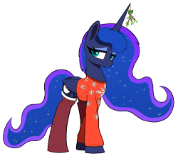 Size: 2000x1763 | Tagged: safe, artist:maretian, princess luna, alicorn, christmas, clothes, female, holiday, lidded eyes, looking at you, mare, messy mane, mistletoe, simple background, smiling, socks, solo, sweater, transparent background