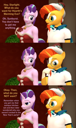 Size: 1920x3240 | Tagged: safe, artist:papadragon69, imported from derpibooru, starlight glimmer, sunburst, anthro, unicorn, 3d, bell, christmas, comic, facial hair, female, goatee, hat, hearth's warming eve, holiday, horn, implied shipping, implied starburst, implied straight, male, santa hat, source filmmaker, that pony sure does love antiques