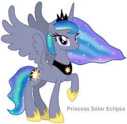 Size: 1020x1001 | Tagged: safe, artist:princess-paige-place-of-fun, imported from derpibooru, oc, oc only, oc:princess solar eclipse, alicorn, pony, clothes, crown, cutie mark fusion, ethereal mane, fusion, fusion:princess celestia, fusion:princess luna, horn, jewelry, looking at you, moon, raised hoof, regalia, shoes, simple background, smiling, sparkles, spread wings, sun, transparent background, wings