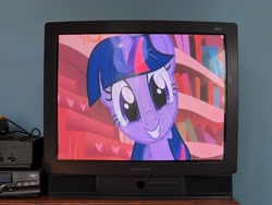 Size: 4032x3024 | Tagged: safe, artist:rogan140, imported from derpibooru, twilight sparkle, unicorn, look before you sleep, crt, my little pony, smiling, television, unicorn twilight