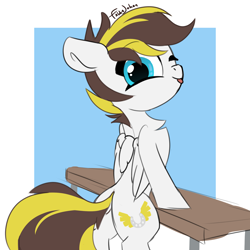 Size: 1900x1900 | Tagged: safe, artist:fakkajohan, imported from derpibooru, oc, oc only, oc:ruffian, pegasus, pony, bipedal, female, looking at you, looking back, looking back at you, one eye closed, rear view, signature, simple background, solo, tongue out, wink