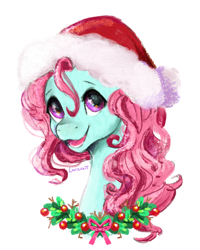 Size: 1080x1350 | Tagged: safe, artist:larizzart, imported from derpibooru, minty, pony, bust, christmas, female, g3, hat, holiday, holly, mare, open mouth, open smile, portrait, santa hat, simple background, smiling, solo, white background